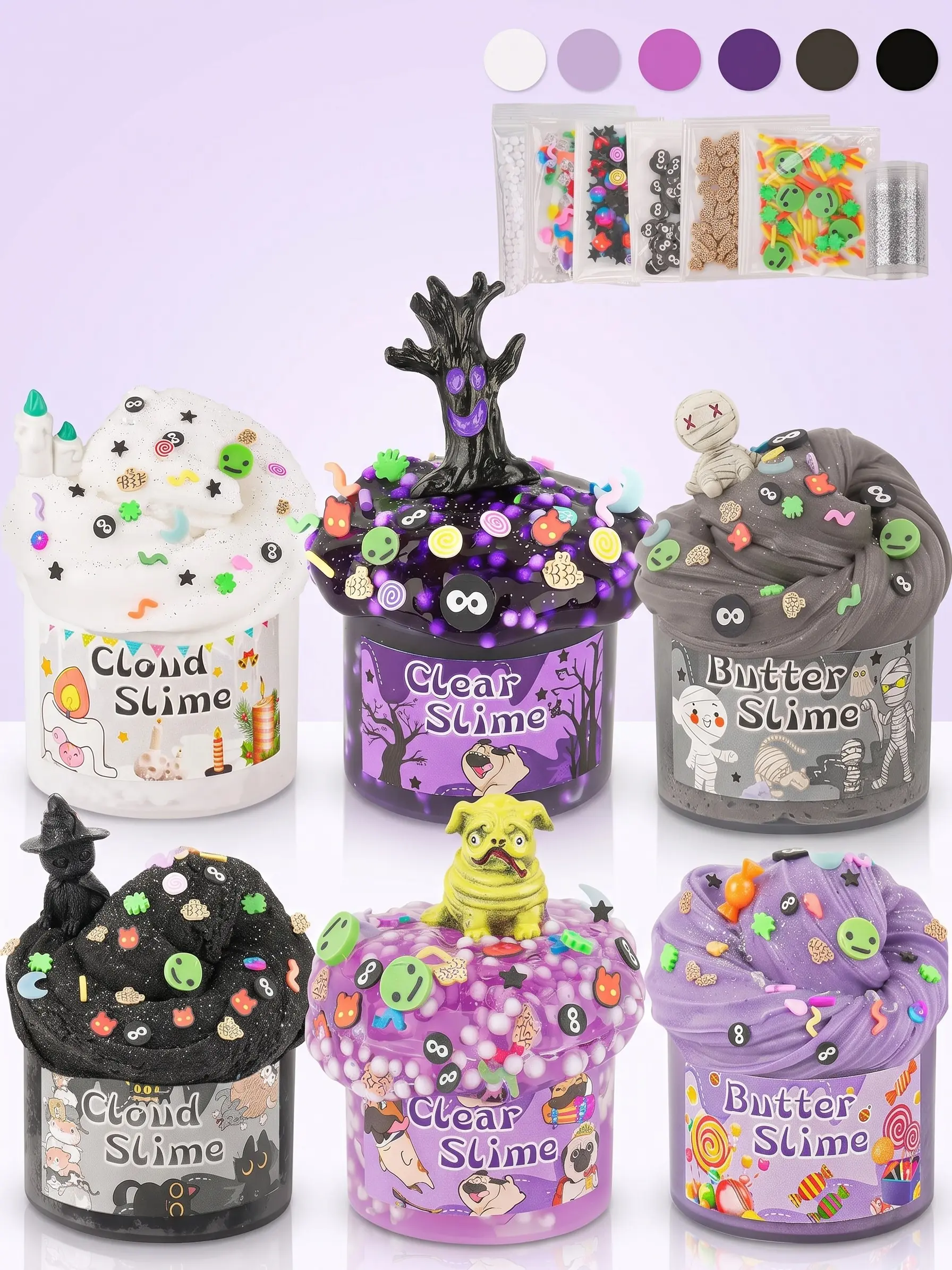 6-Pack Halloween Slime Kit for Kids - Purple, Black Cloud, Butter, Clear Slime with Charms - Party Favors, Goodie Bag Stuffers, Sensory Toy Gift Set