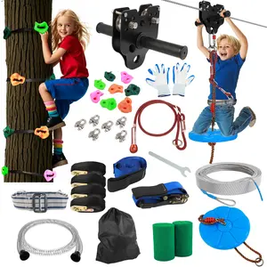 60-200FT Zipline for Kids and Adult, Zip line Kits for  with Stainless Steel Spring Brake, Cable Tensioning Kit, Safety Harness, 2 Tree Protectors and Full Set of Zip line Accessories backyard outdoor quick setup zipline