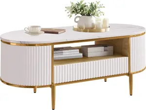 48in White Modern Fluted Oval Storage Coffee Table with Drawer, Curved Profile Center Table for Living Room 48in White Modern Fluted Oval Storage Coffee Table with Drawer, Curved Profile Center Table for Living Room