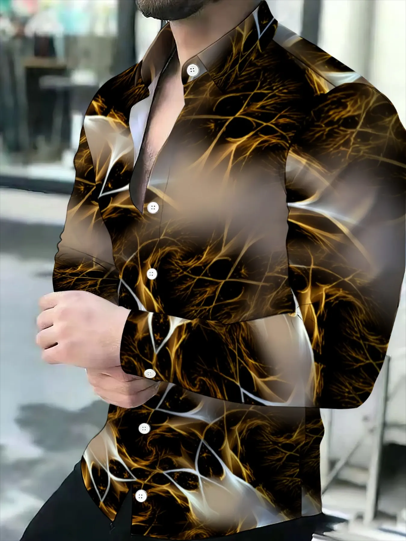 Men's Long Sleeve Shirt Casual Buttons Collared Oversized Abstract Black and Gold Lightning Novel Print Pattern