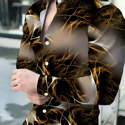 Men's Long Sleeve Shirt Casual Printed Button Front Design Buttons Oversized Abstract Black and Gold Lightning Novel Print Pattern