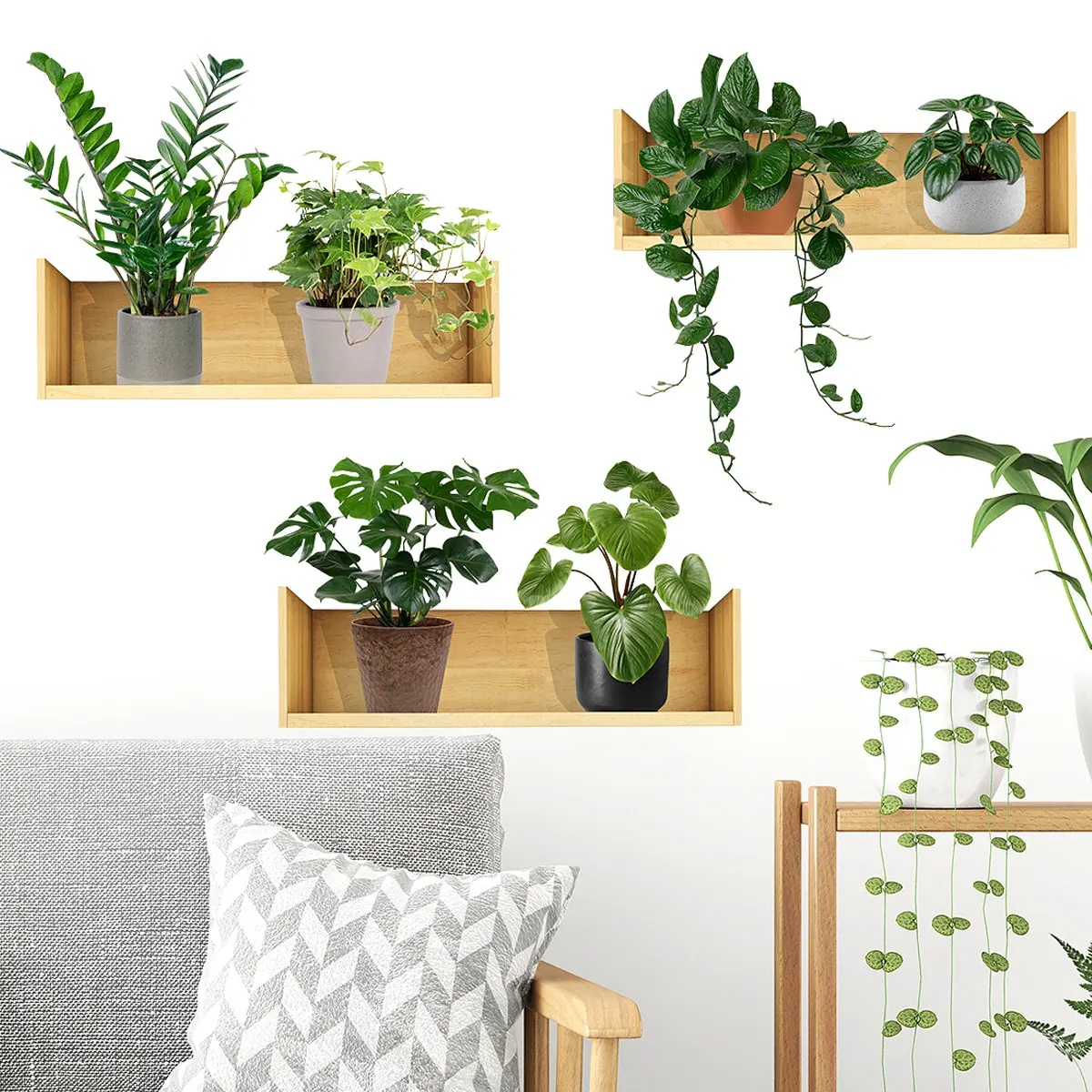 3Pcs Plant Design Wall Sticker Green Plant Potted Pattern Wall Decal Home Background Wall Decoration Paster and Beautification Decorative Set
