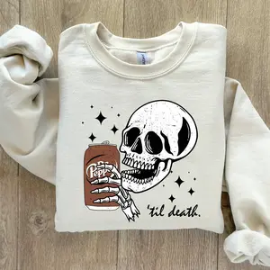Til Death Skeleton Sweatshirt for Women , Funny Casual Soda Theme Graphic Crewneck, Fall Long Sleeve Crewneck for Her , Edgy Casual Look