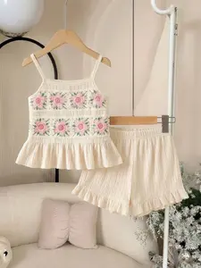 2026 New Girl Summer Fresh Two-Piece Set, Hook Flower Strap Top + Pleated Wood Trim Shorts, Outdoor Picnic Daily Wear, Casual Summer Set