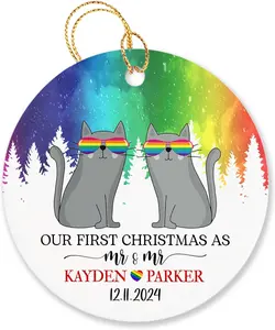 Personalized Gay Pride LGBT Rainbow Ornament Christmas Tree, Our First Christmas As Mr & Mr Ornaments Custom Names Date, 1st Xmas As Couple Cats Ornament Gifts for Couple Gay LGBT Newlywed Wedding, Our First Christmas as Mr & Mr Ornament