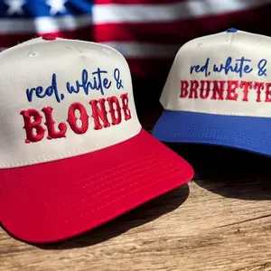 Red white & blonde Hat, Red white and brunette Embroidered Trucker Hat, 4th of July Cap