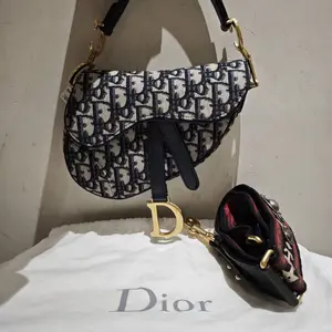 Pre-owned Dior Canvas Shoulder Bags Oblique Embroidered Small Saddle Bag