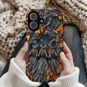 Halloween 3D Stone Effect Aesthetic Witch Phone Case, 3-In-1 Shockproof Drop Protection Durable Protective Cover for iPhone 11 12 13 14 15 16 17 Pro Max Samsung Galaxy S25 S24 S23 Ultra Casing Protector