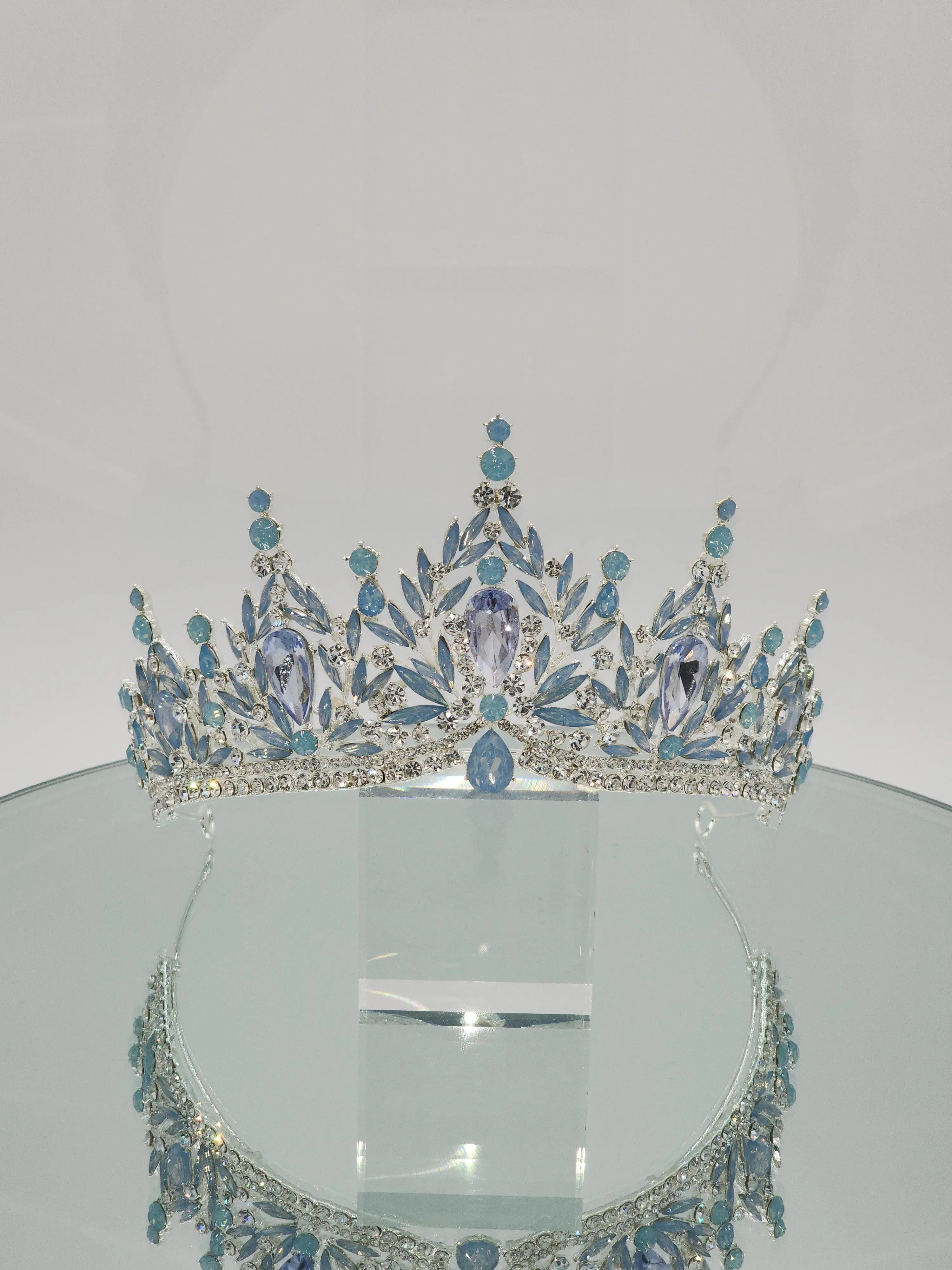 H1401 Rhinestone Quinceañera Tiara 3 Inch Lead-Free Alloy Metal with Colorful Stones for Stylish Elevations in Gold, Baby Blue, Fushia or Sage Color