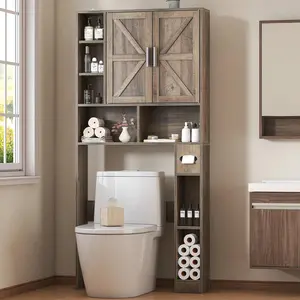 Over The Toilet Storage Cabinet With 2 Barn Doors , Bathroom Organizer With Adjustable Shelves, Tissue Holder And Racks, Farmhouse Storage Cabinet For Laundry,White