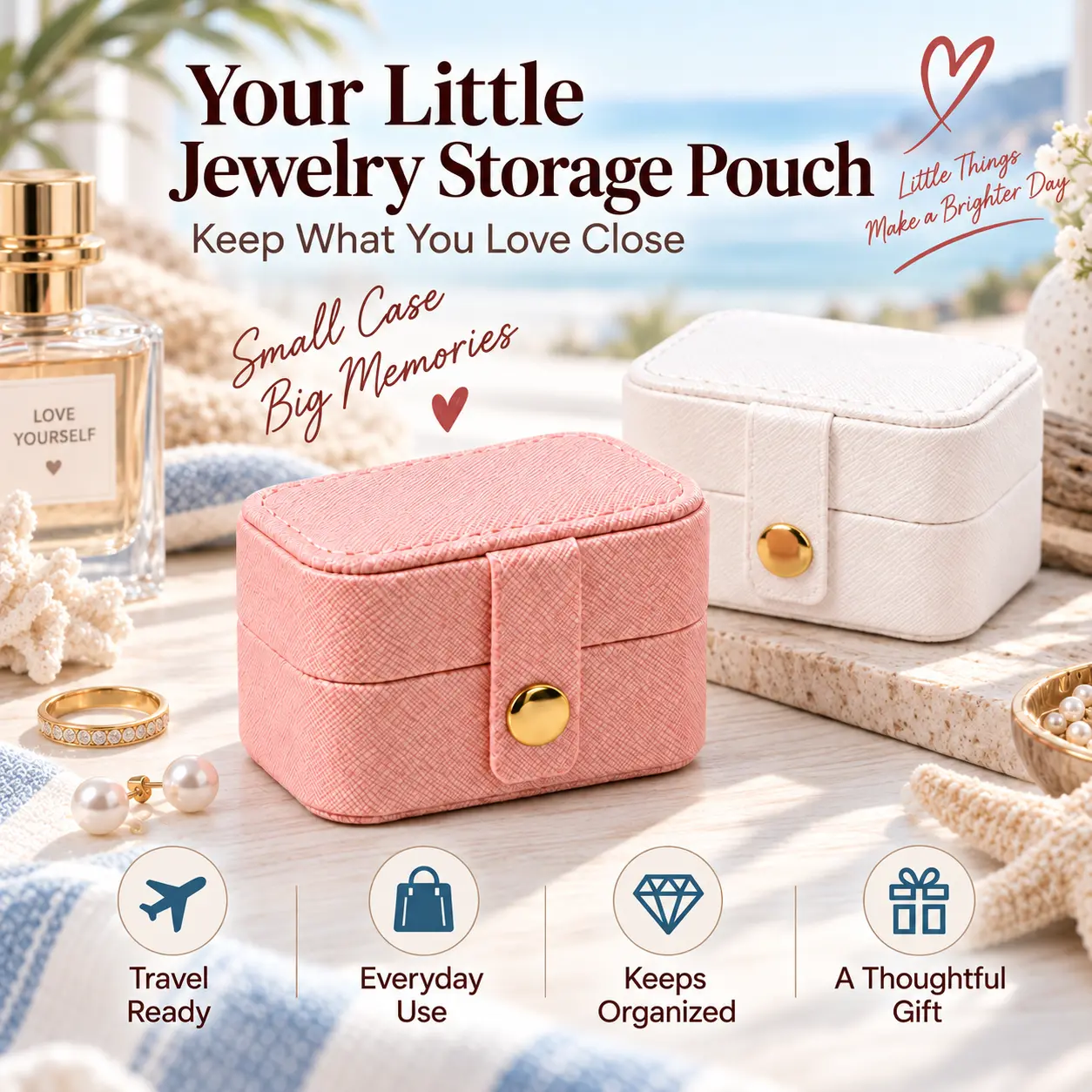 Mini Jewelry Box for Women, Portable Travel Jewelry Organizer with Soft Velvet Lining, Secure Snap Closure, Ring & Earring Storage Case, Textured PU Leather, Compact Gift Box, Pink or White