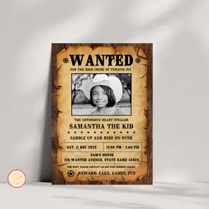 Wanted Poster Invitation Template with Photo, Cowboy Cowgirl Invitation, Rustic Wood, Wild West Birthday, Western Outlaw - Any Age Template