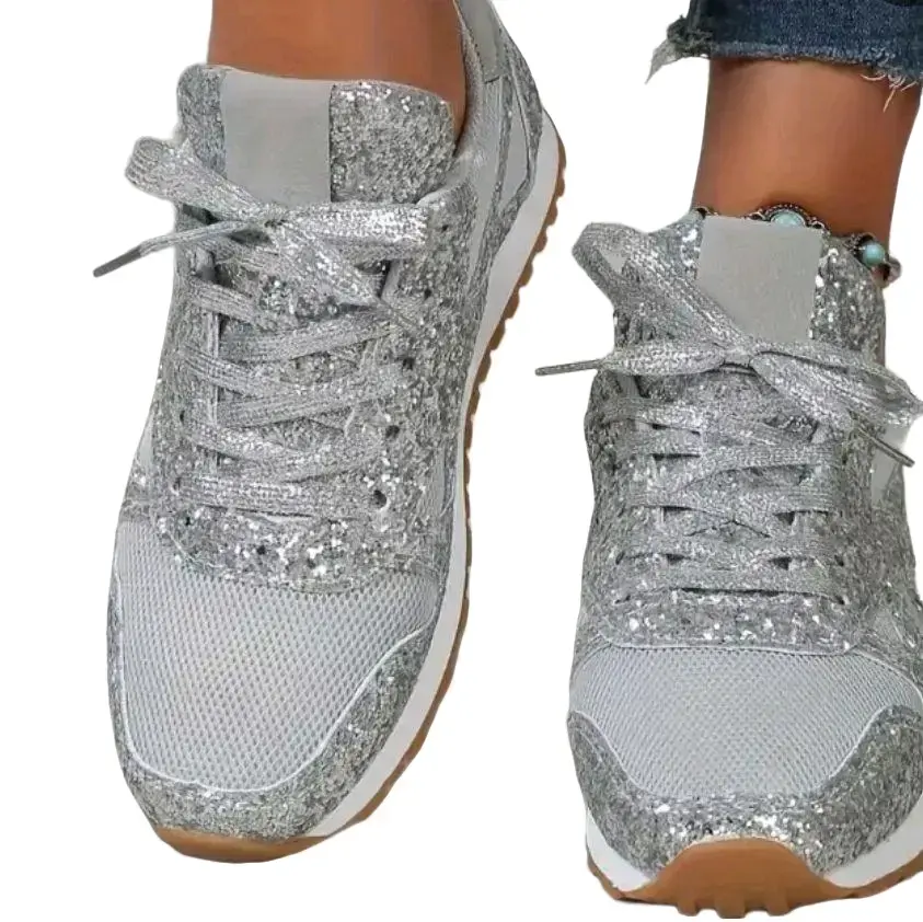 Women's Casual Breathable Glitter Bling Lace Up Sport Shoes Sneakers with Comfort and Shiny Glitter Finish for Wedding and College Parties - Footwear
