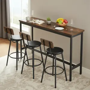 Bar Table and Chairs Set for 3, 4 Piece Industrial Dining Table Set with 3 PU Upholstered Bar Stools, Bar Table Set for Kitchen, Dining Room, Living Room, Bar, Cafe, Small Space Corner, Rustic Brown