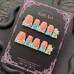 10-Piece Y2K Hawaiian Tropical Duckbill Nail Art Set, Handmade French Nails with Gold Stickers, Medium Length, DIY Manicure Kit