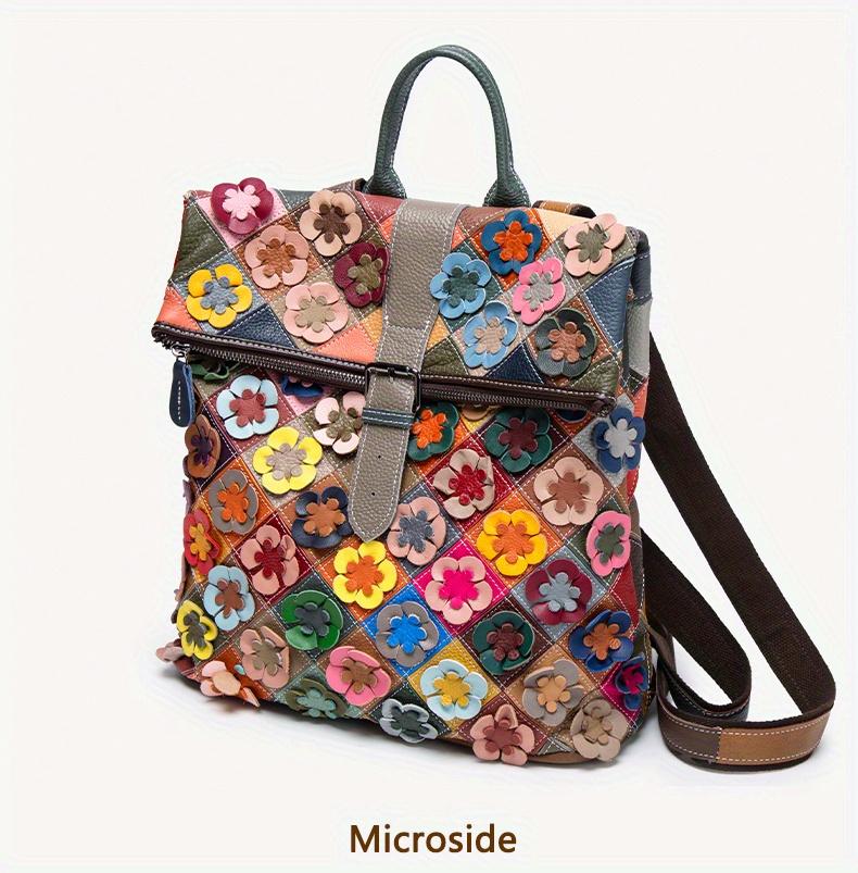 Women's Vintage Patchwork Backpack with 3D Flower Applique and Adjustable Straps