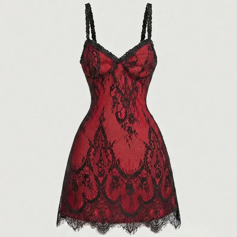 Women's Chic Formal Sleeveless Dark Red Lace Fabric Slim-Fit Lined Spaghetti Strap Cami Mini Dress - Soft Premium Comfortable Fabric for Parties, Beach Events