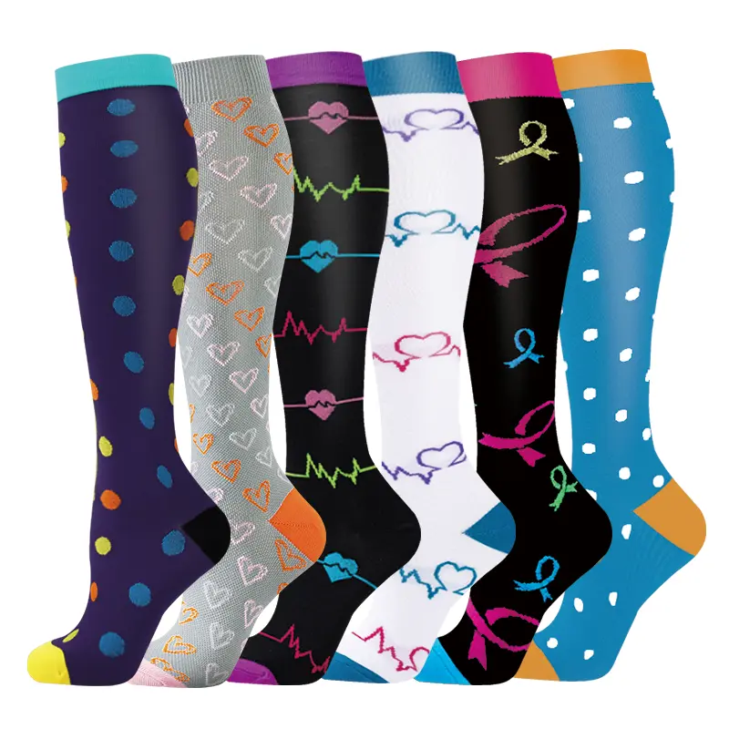 MhzyCaus 6 Pairs Women's Heart Print Compression Calf Socks Breathable Stretchy Supportive for Weekend Walks Leisure Time Cute Compression Socks Cozy Daily Style