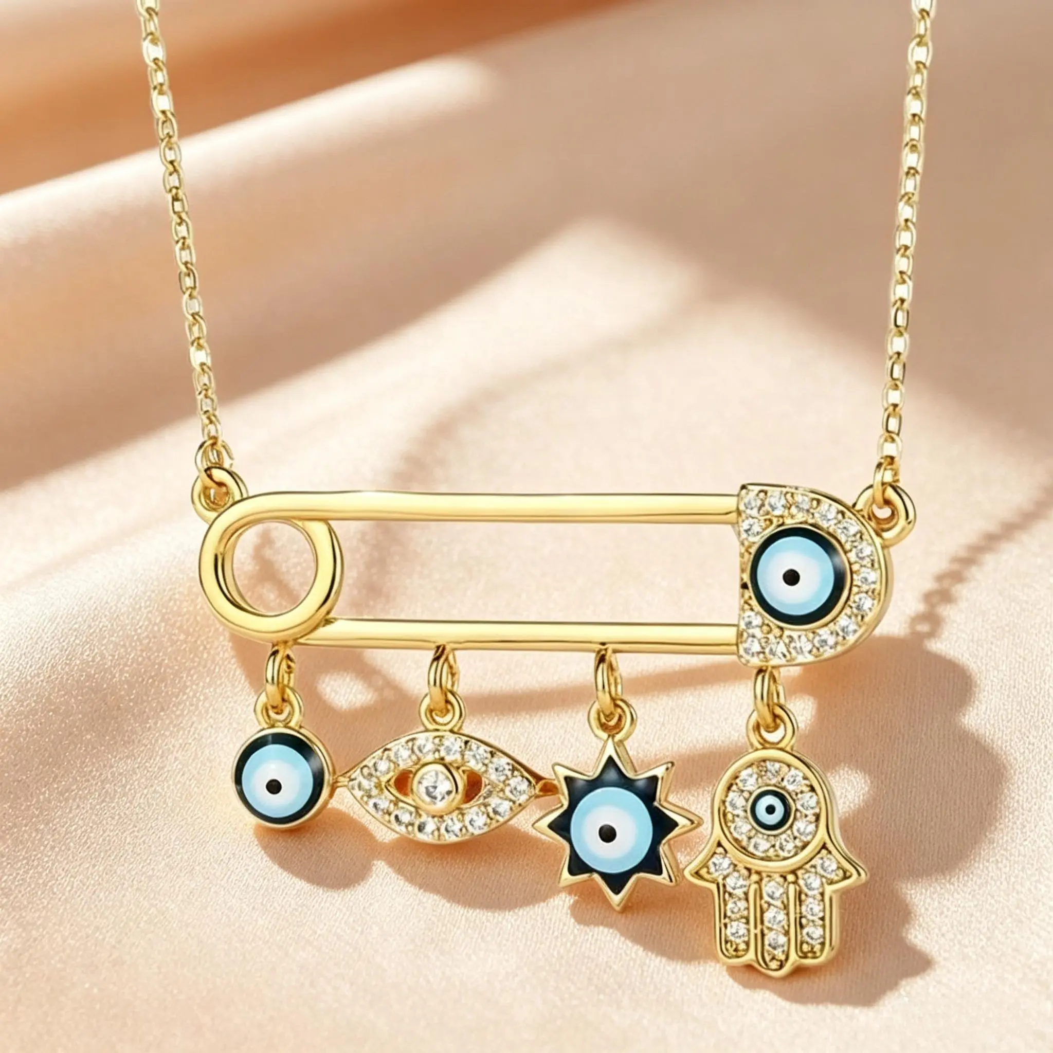 Sparkling Multi‑Charm Safety Pin Necklace, Evil Eye Hamsa Hand Star Amulet Pendant Necklace for Women, Boho Protection Necklace, Ideal Gift for Daily Party Occasions