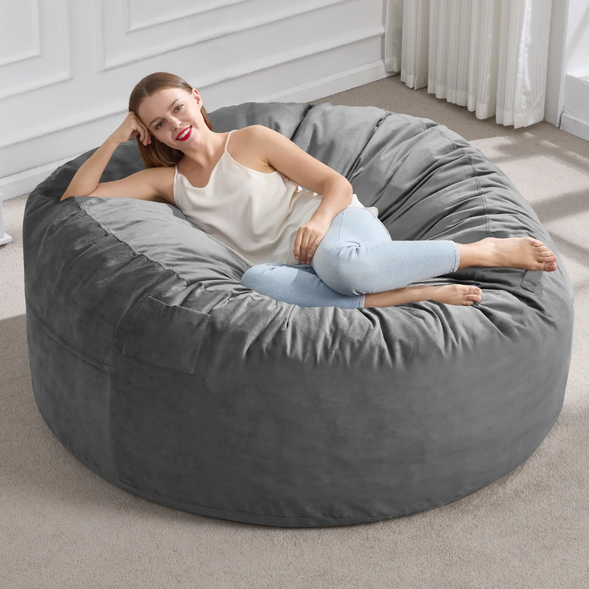 2.5/3/4/5FT Lazy Sofa Bean Bag Chair with Velvet Cover, Memory Foam Filled with Removable Cover Fluffy Bean Bag Chairs Home Decor for Living Room, Bed