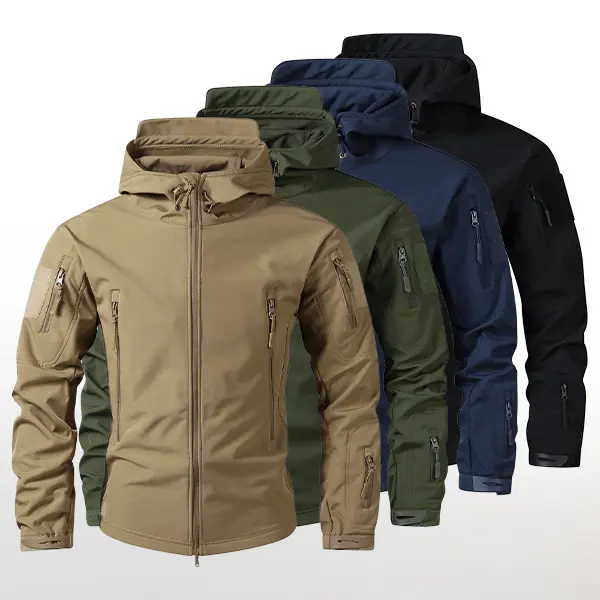 Men’s softshell jacket with zipper pockets and hood, adjustable drawstring brim, windproof and wear-resistant, long sleeves for outdoor activities and commuting