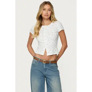 Odella Floral Ribbed Button Up Top