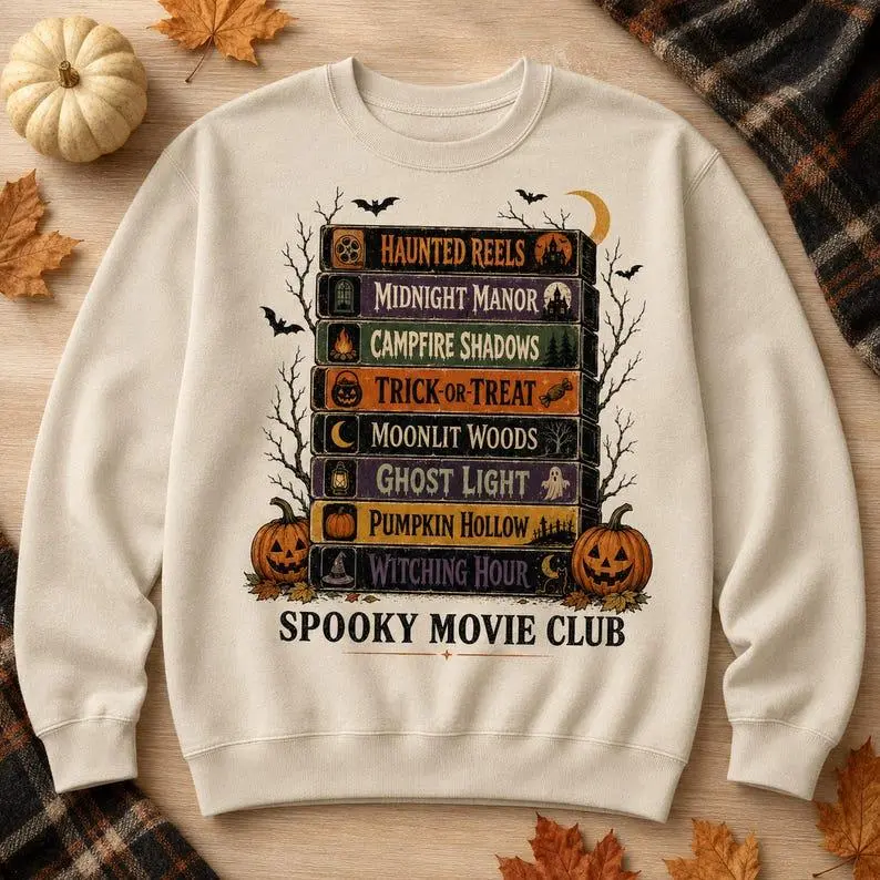 Spooky Movie Club Halloween Sweatshirt, Vintage VHS Horror Graphic Crewneck, Retro Pumpkin Ghost Witch Shirt, Halloween Movie Night Pullover, Spooky Season Gift