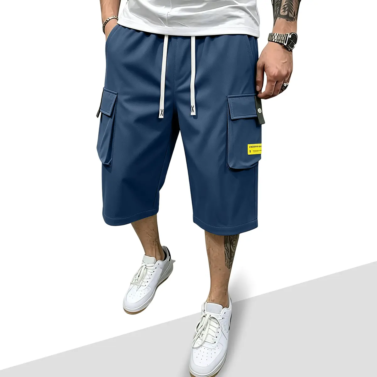 Men's Large Pocket Casual Cargo Cropped Pants, 7/8 Length Loose Fit Utility Bottoms, Lightweight Breathable Summer Trousers for Outdoor, Hiking, Work & Daily Streetwear