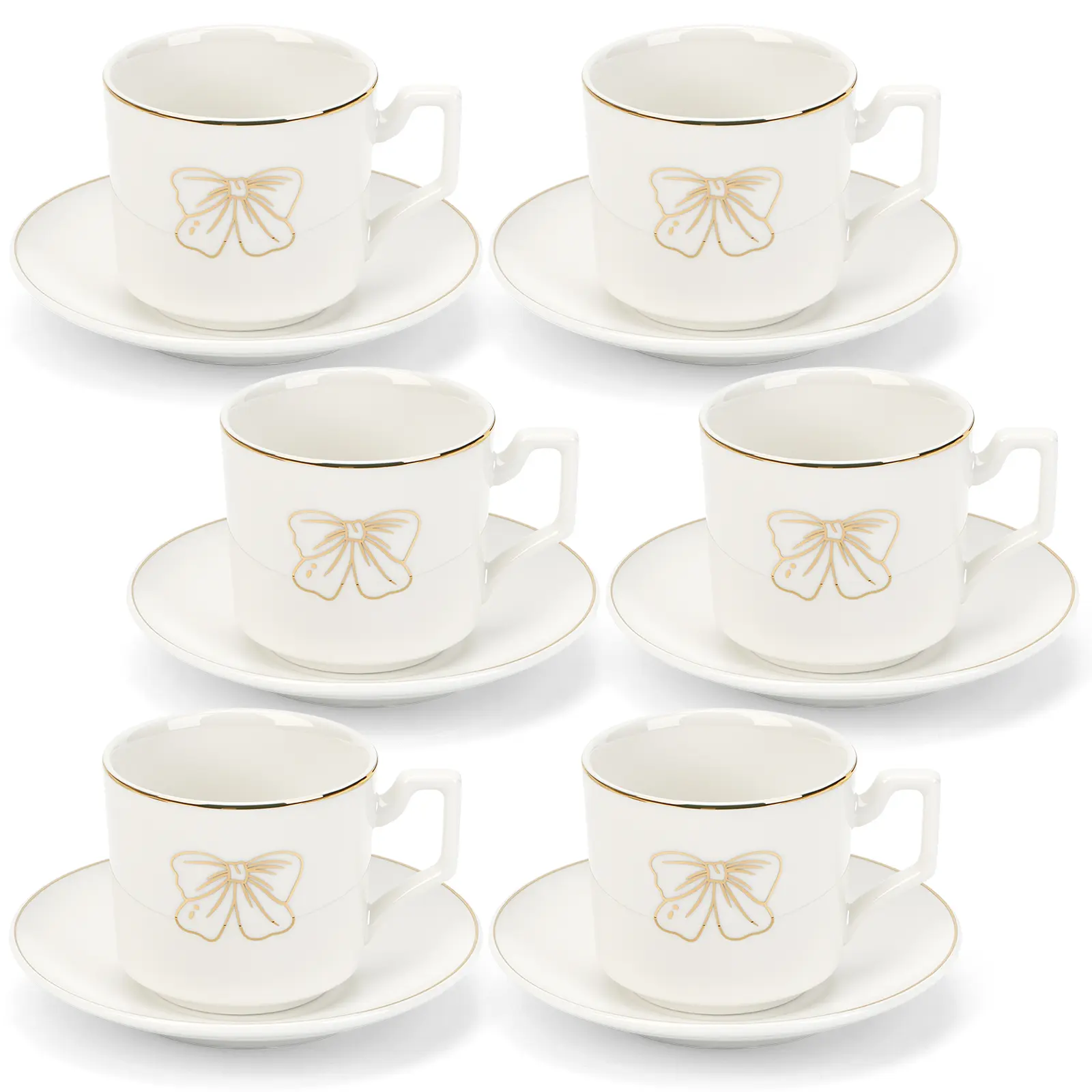 3.5oz Ceramic Coffee Espresso Cup with Saucers Set, Elegant Bow Deco Coffee Cup Gift for Cappuccino, Tea, Espresso, Latte, Coffee, Cafe Mocha, Set of 6, White