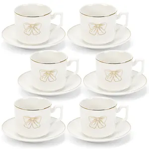 3.5oz Ceramic Coffee Espresso Cup with Saucers Set, Elegant Bow Deco Coffee Cup Gift for Cappuccino, Tea, Espresso, Latte, Coffee, Cafe Mocha, Set of 6, White