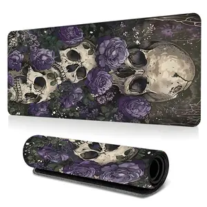 Purple Skull Floral Large-Sized Gaming Mouse Pad, Skull and Rose Desktop Protection Pad, Anti-Slip Rubber Lock Edge High-Definition Printing, Suitable For Computers, Laptops, Offices, Homes, Schools, As A Gift For Family And Friends