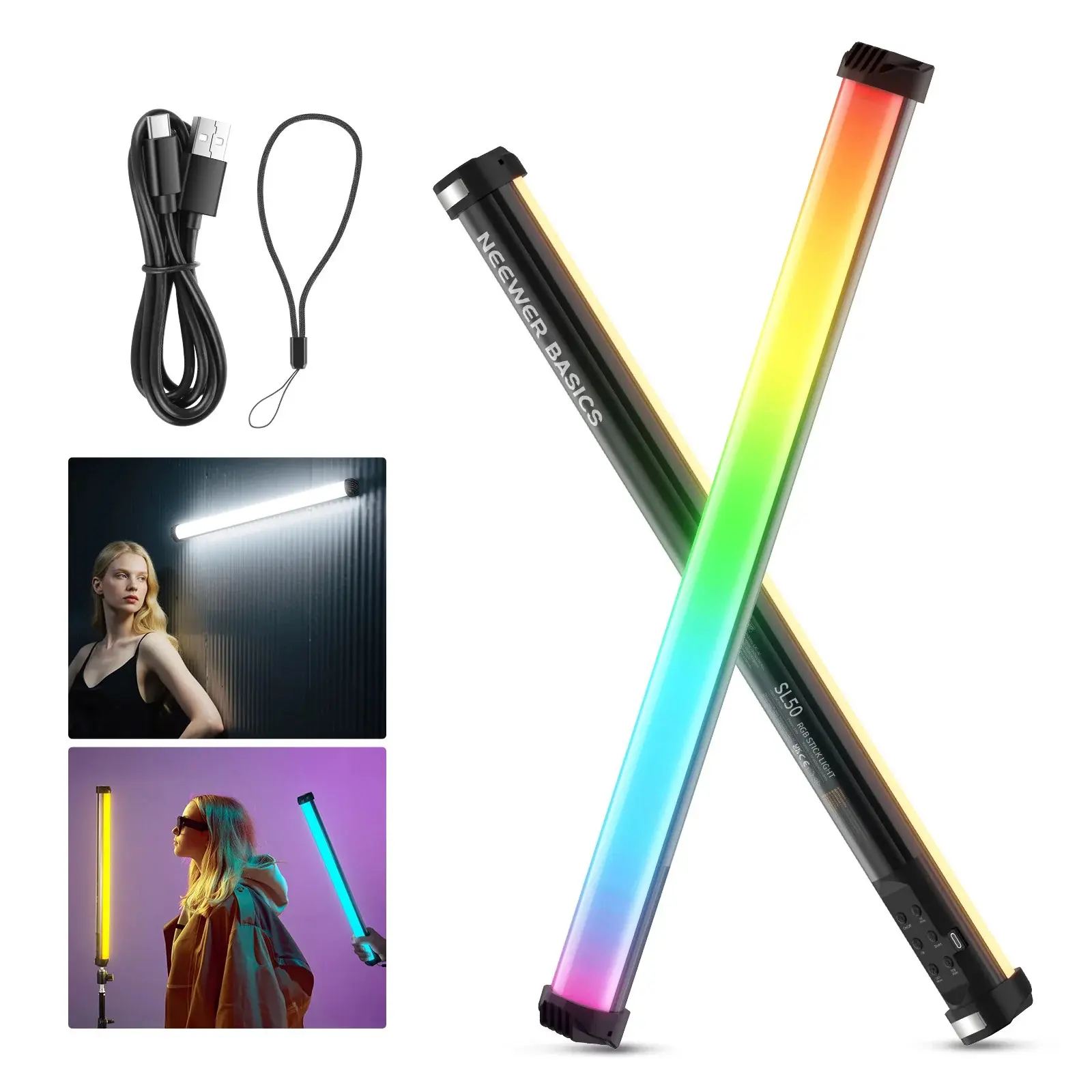 NEEWER Basics 21" Magnetic RGB Light Wand, CRI95 Dimmable 14W LED Handheld Video Tube Lighting Stick with 51 RGB Modes, LED Fill Light, RGB Photography Light