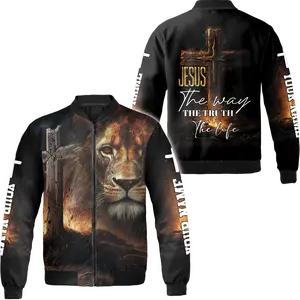 Personalized Lion and Jesus Bomber Jacket S–5XL Multicolor – Powerful Faith & Strength Outerwear, Lion and Jesus Bomber Jacket, Christian Lion and Jesus Jacket, Custom Name Lion and Jesus Jacket, Faith Bomber Jacket, Jesus Lion Jacket