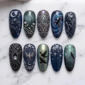 Dark Forest Raven Press On Nails | Gothic Witchcore Nail Set | Celestial Moon Crow Fantasy Handmade Nails