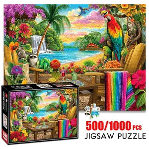 1pc 1000 piece adult puzzle 70x50cm Tropical Beach Scene with Parrots, Sloths, Flowers and Seating Area 500 pieces of paper jigsaw puzzle, suitable for adults and families, large-scale DIY puzzle