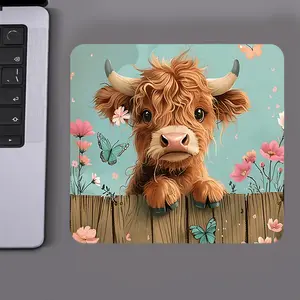 Cute Highland Cow Mouse Pad with Flowers and Butterflies - Non-Slip Rubber Base, Stitched Edge, 9.44x7.87 Inch Desk Pad for Office and Home