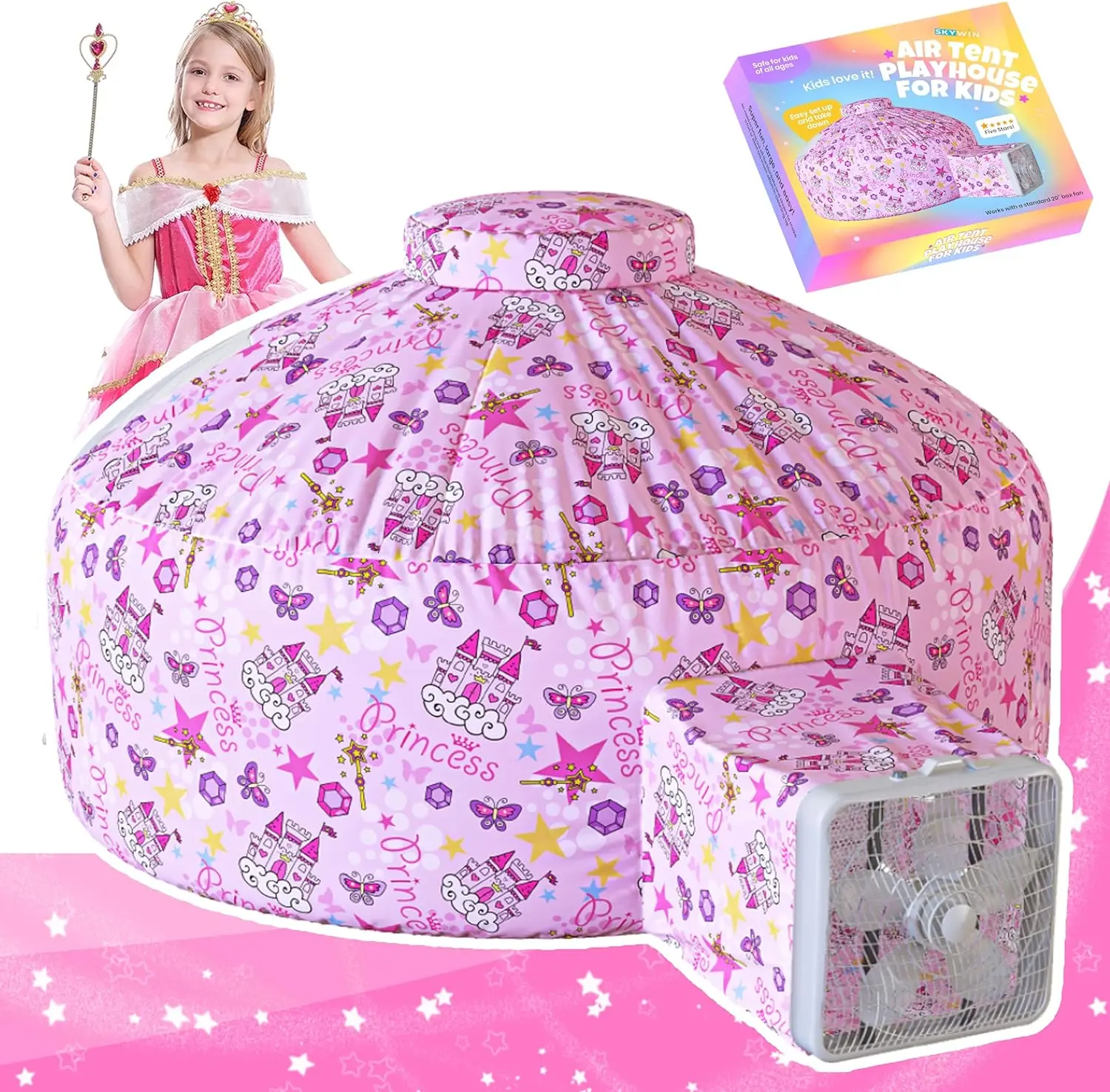SKYWIN Air Tent Fort Playhouse for Kids (Princess) - Classic Inflatable Kids Fort Sets Up and Stores Away in Seconds, 77 x 50 Inch (Fan NOT Included)
