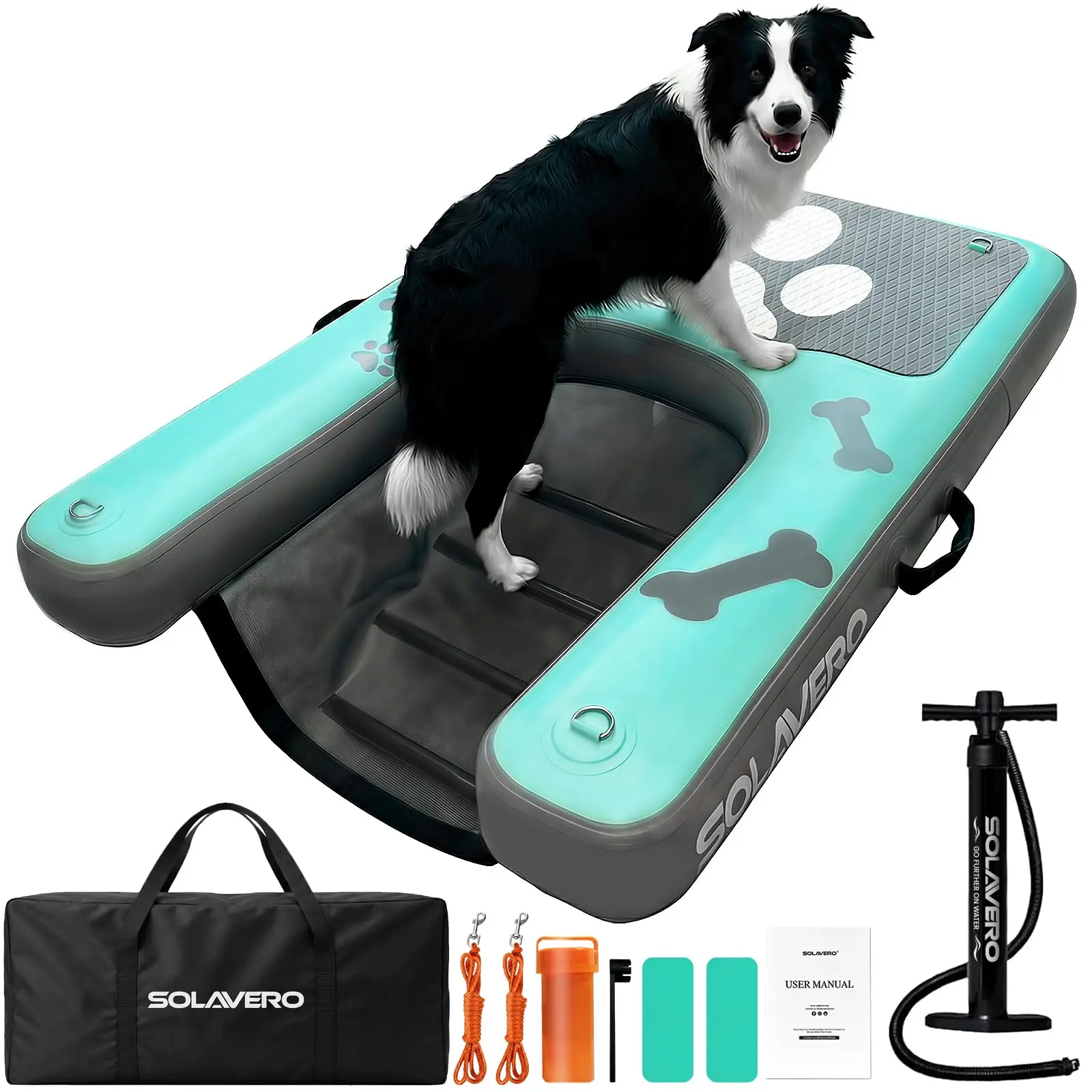 Inflatable Dog Water Ramp for Pools, Boats & Lakes - Anti-Slip EVA Floating Ladder with 2 Ropes Included, Side Handles, Safe Easy Access for Pets Up to 200 lbs (Green, Blue, Orange)