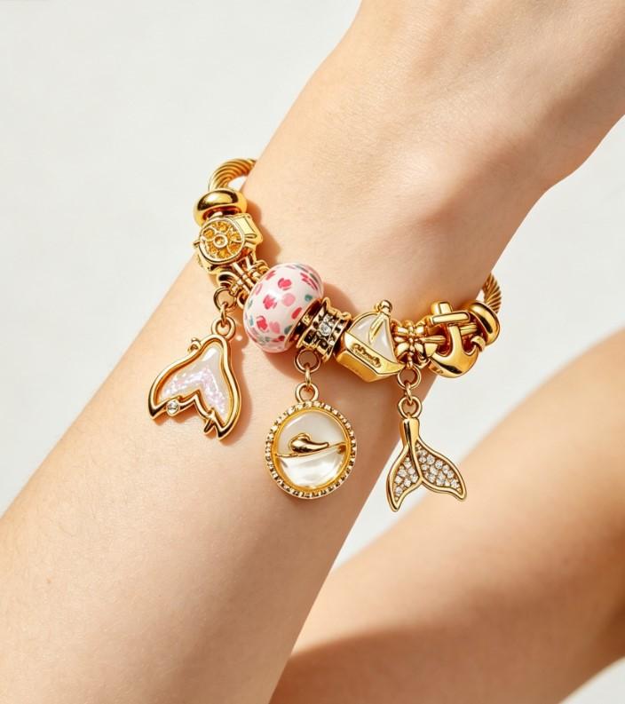 Ocean Mermaid Gold Cable Bangle Bracelet, Pink Floral Glass Bead with Sailboat & Mermaid Tail Charms, Luxury Beaded Jewelry Gift for Women