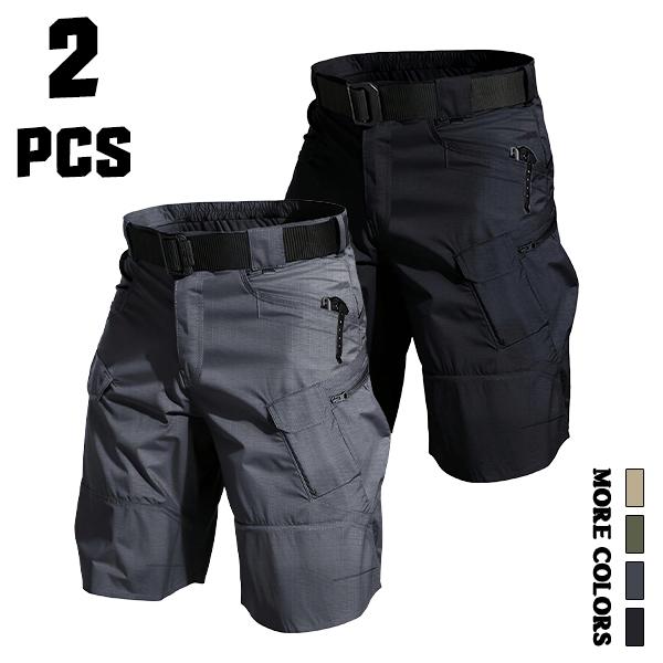 Men’s 2-Pack Loose-Waist Tactical Cargo Shorts Set, Elastic Belt Included, Matching Fabric, Side Zipper Pockets, Quick-Dry, Abrasion-Resistant Menswear Outdoor Functional Shorts