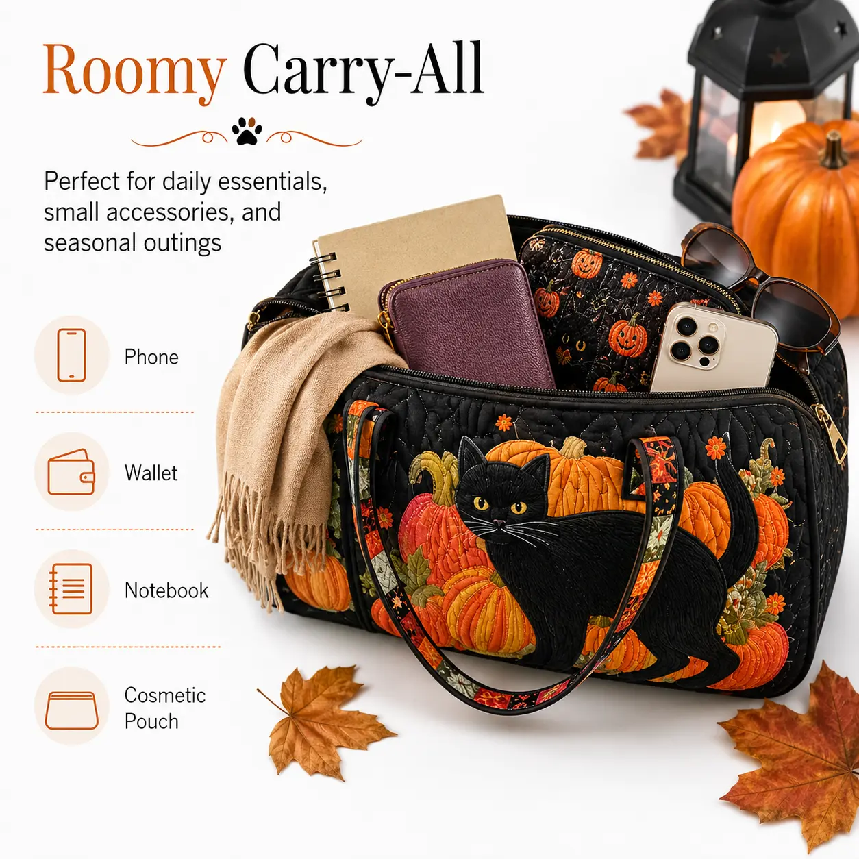 Unisex Halloween Cat Pumpkin Quilted Weekender Bag, 2 Styles, 21 in Large Capacity Overnight Duffle, Lightweight Bohemian Witch Cat Carry-On Travel Luggage, Boho Holiday Handbag (Sports & Outdoor Leisure Gear)