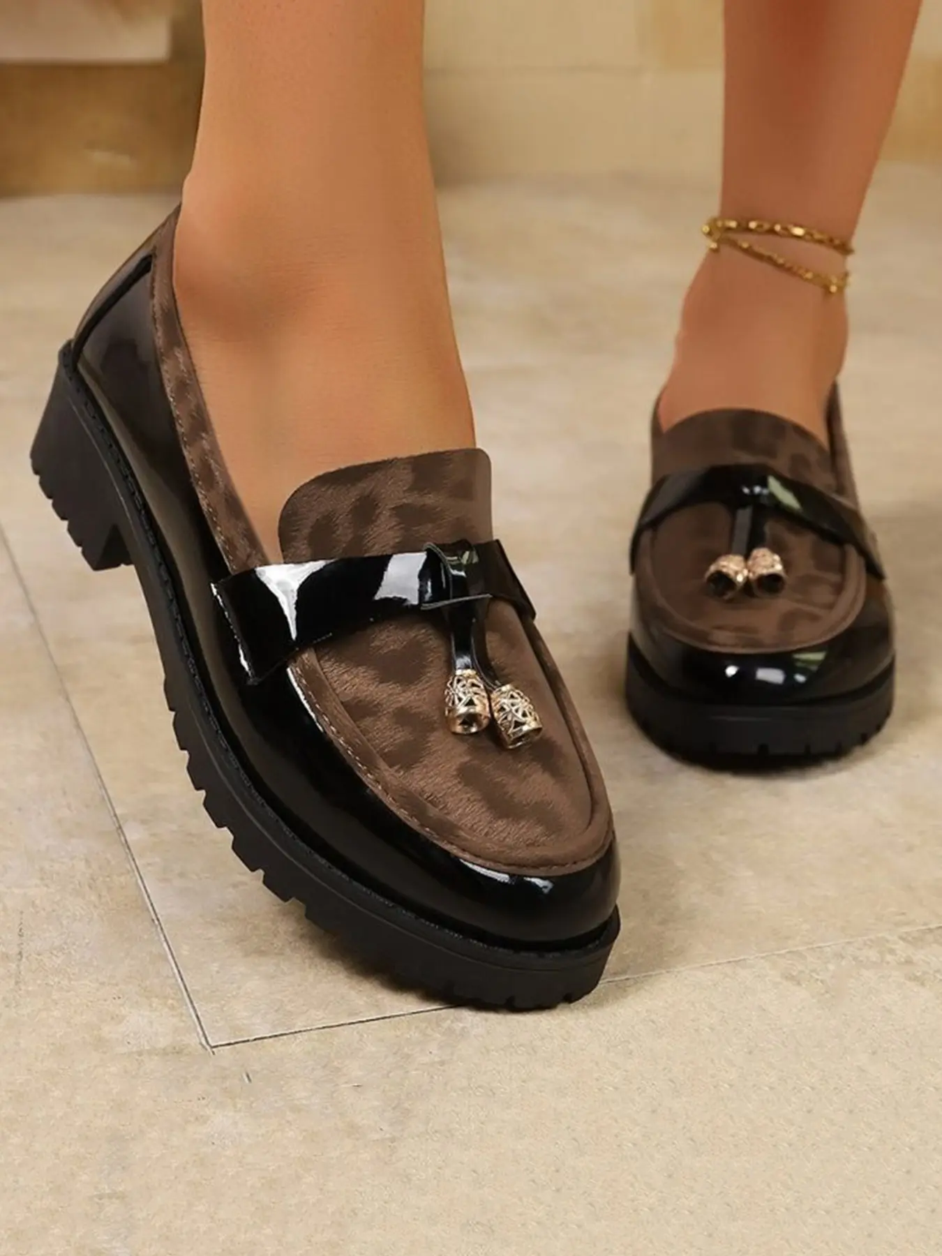 Leopard Print Patchwork Loafers for Women, Vintage Soft Leather, Breathable Anti-Slip, Daily Commute, College Style Shoes, Walking Shoes, Footwear