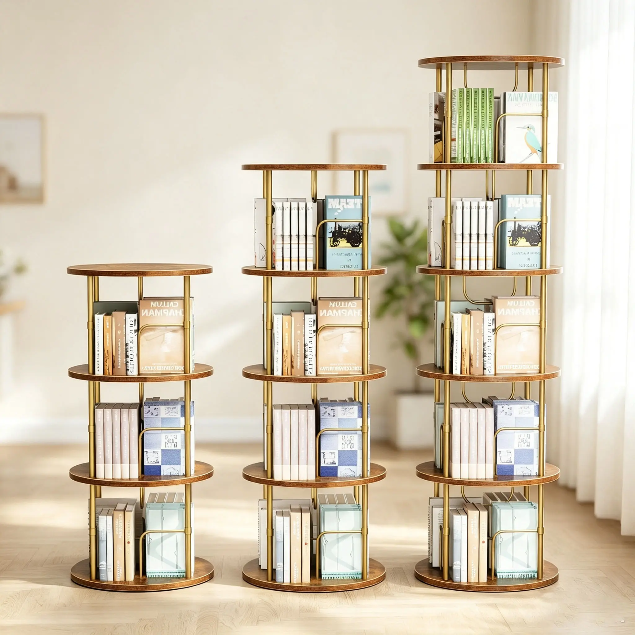Rotating Bookshelf, 360 ° Display Stackable Spinning Bookshelf Tower, Narrow Space Saving Tall Floor Standing Swivel Bookcase Corner Storage Organizer for Bedroom, Living Room, Gold