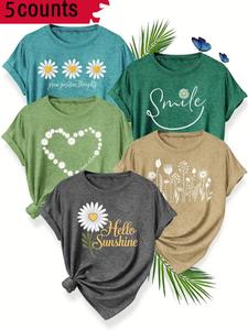 women's floral & letter print round neck tee, casual short sleeve crew neck t-shirt for summer, fashion women's top for daily wear