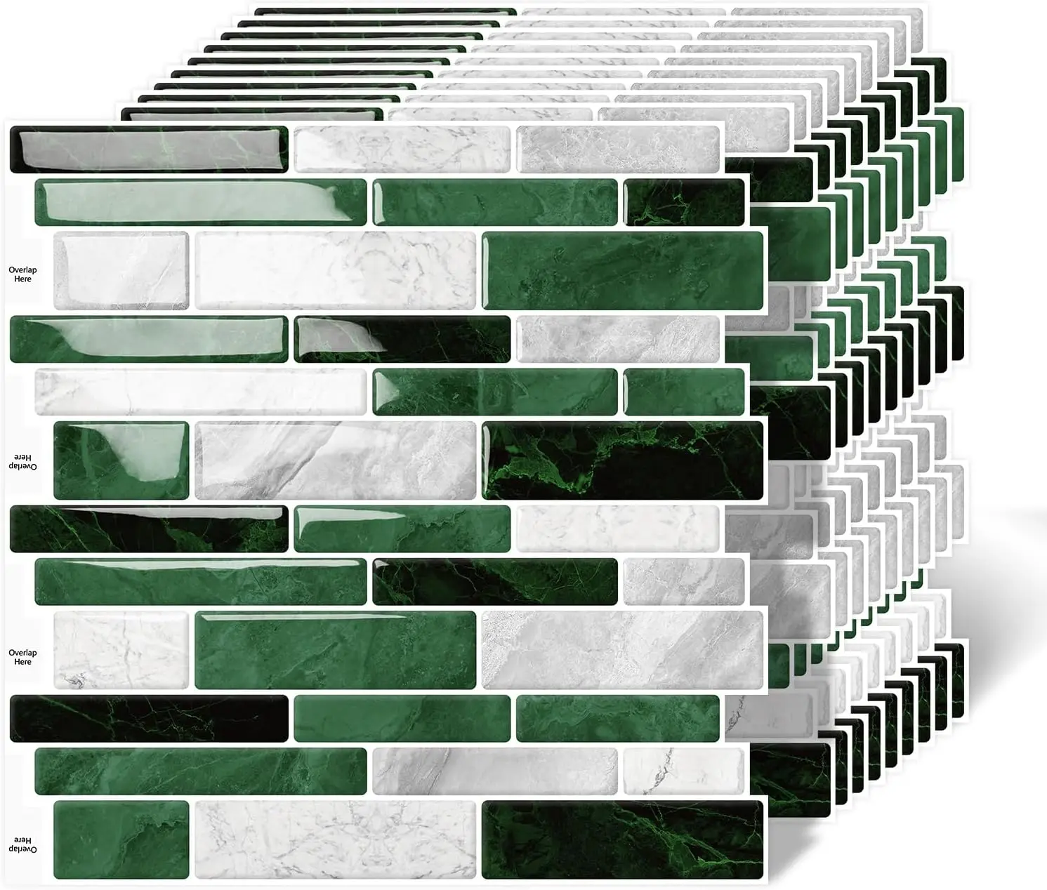10-Sheet Flat Rectangular Smooth Peel-and-Stick Backsplash Tiles, 12x12in Modern Synthetic Green Marble Decorative Self-Adhesive Wall Stickers for Kitchen, Bathroom Decor
