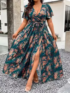 Women's Plus Size Fashion Casual Elegant Dress, Belted Midi Dress, Short Sleeve Woven Fabric, Loose-Fitting All Seasons