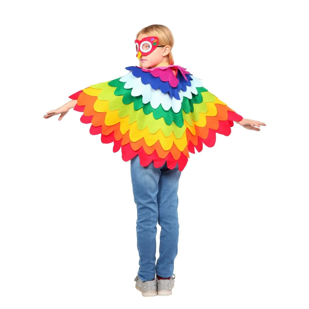 Parrot Colorful Costume Dress For Kids - Red Cape with Multicolored Wings & Matching Face Mask - Halloween Party Dress-Up Set