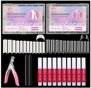 480PCS Extra Long C Curve Nail Tips and Glue, 2 Packs Natural and Clear Acrylic for Nails Professional Set, 12 Sizes Artificial Straight Square French False Nail Tips