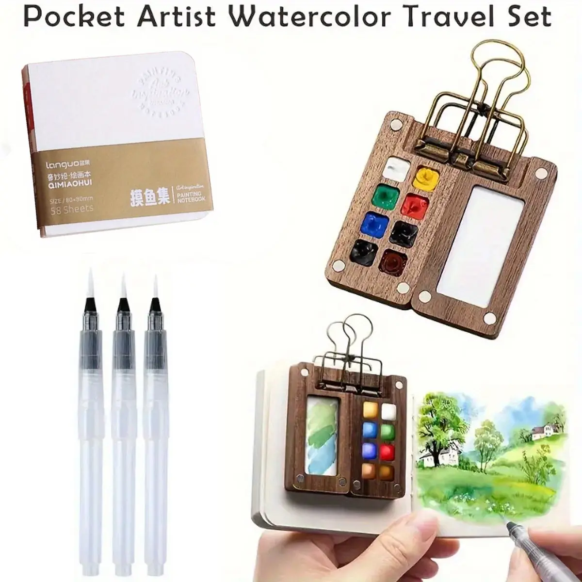 Travel-Ready Pocket Watercolor Palette Kit - 8/15 Grid Wooden Box with 3 Mini Brushes for Sketching | Ideal Festival & Gathering Gift for Artists, Travel Painting Supplies