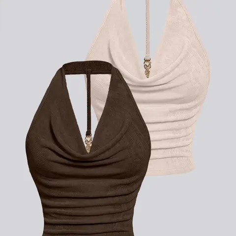 Women's fashionable chic Feminine halter two-piece set, Fitted, Breathable, Fabric, perfect for summer sexy Evening dates.